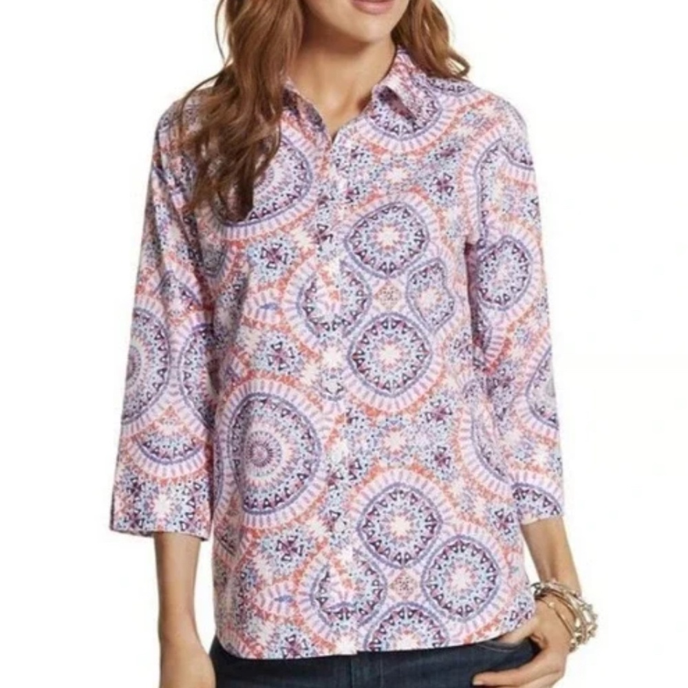 Chico's Women's Danise Sunburst Button Up 3/4 Sleeve Tunic Top. Size M